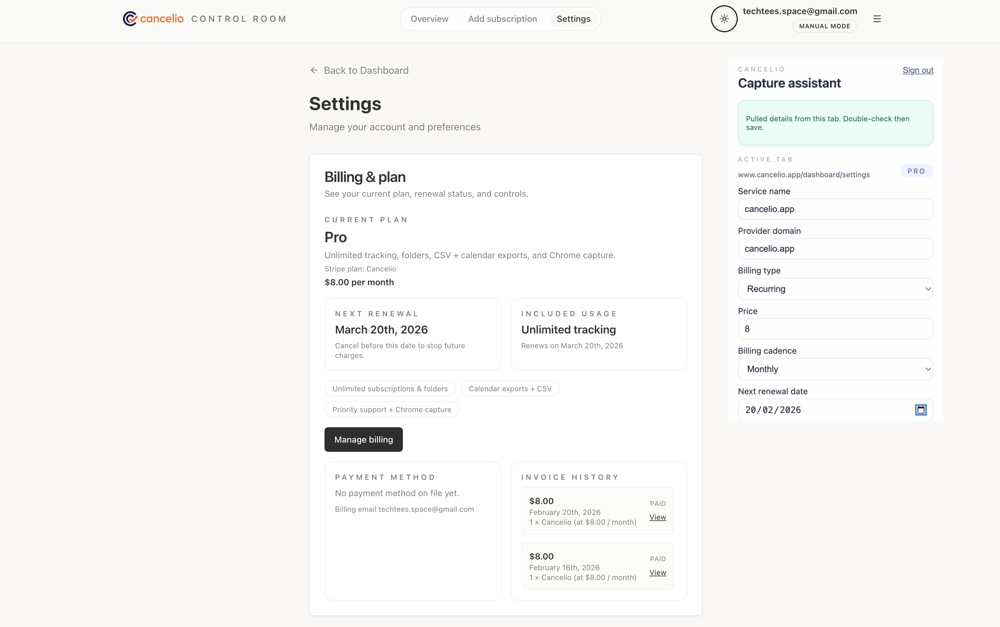 Canceliio dashboard and Chrome extension capture overlay